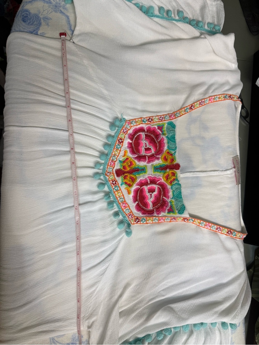 White Embroidered Boho Tunic Dress with Turquoise Trim - Picture 6 of 7